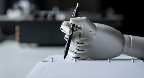 the artificial robotic arm write down some notes with pen